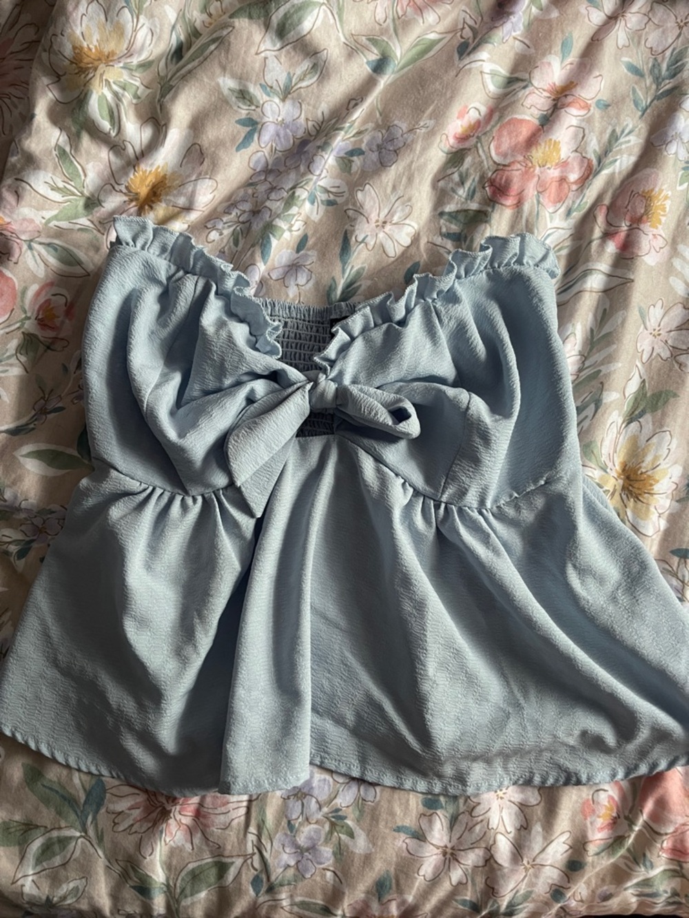 Light Blue Bow Front Strapless peplum top